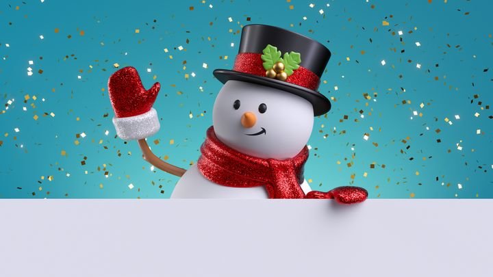 3d render, happy snowman waving hand, holds white paper, gold glitter confetti over the blue background. Christmas greeting card template with copy space. Seasonal holiday wallpaper