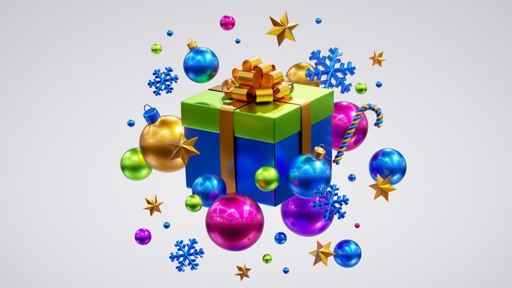 3d render. Metallic gift box, colorful glass balls and assorted baubles. Festive ornaments isolated on white background