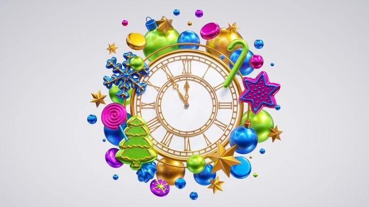 3d render, New Year eve clock shows five minutes before the midnight. Assorted ornaments and glass balls. Festive clip art isolated on white background