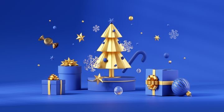 3d render, Christmas ornaments, baubles and embellishments, golden fir tree and wrapped gift boxes isolated on blue background. Holiday wallpaper. Happy New Year greeting card