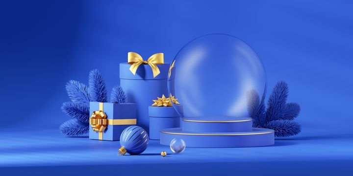 3d render. Blue holiday wallpaper. Festive blue and gold Christmas ornaments and gift boxes. Empty glass snow ball. Stage platform for product presentation
