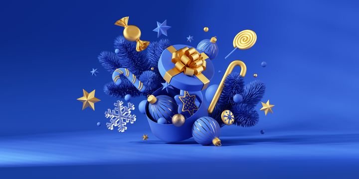 3d render, Exploding gift box. Blue and gold Christmas ornaments, candies and sweets falling out the open box, isolated on blue background. Holiday illustration