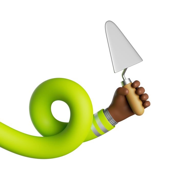 3d render. Funny cartoon flexible arm holds trowel building tool. Elastic hand isolated on white background
