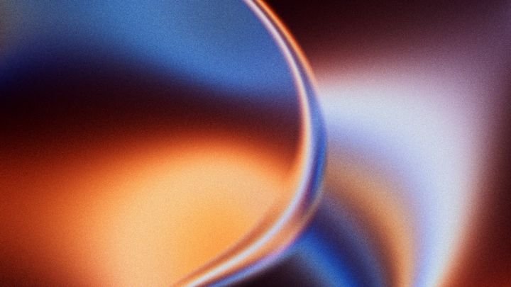 Trendy abstract background with gradients of blue, orange, purple. 3d rendering of holographic foil texture with film grain effect. Retro futuristic wallpaper