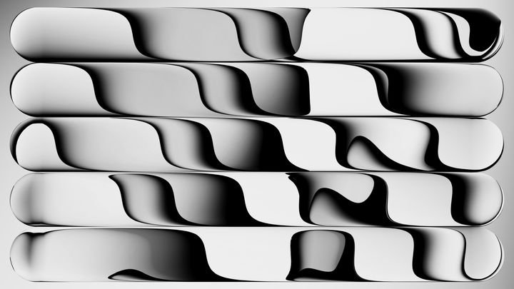 abstract background, design featuring smooth, wavy shapes in black and white, creating a sense of depth and fluidity. 3d rendering illustration of a gradient refracted in glass