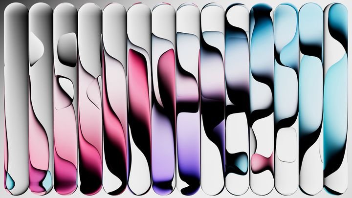 3d render. Abstract background of fluted glass stripes and liquid pattern reflections. Modern ambient wallpaper