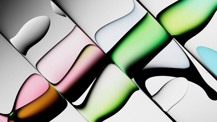 3d render. Abstract background of fluted glass shapes. Fluid colorful gradient