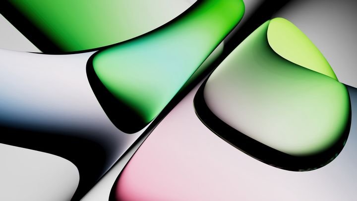 Abstract background. 3d rendering featuring smooth, curved glass bubbles and a fluid gradient of pastel and neon colors