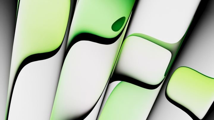 Abstract image of smooth, layered green and white glass curves forming a gradient pattern. 3d rendering wallpaper illustration
