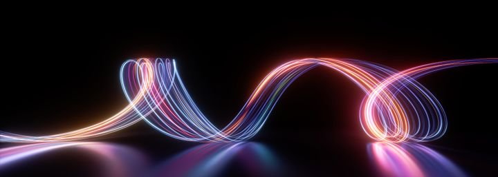 3d render. Abstract panoramic background of spiral curvy neon lines glowing in the dark room with floor reflection. Fluorescent ribbon
