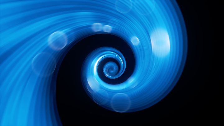 abstract fantastic wallpaper. Glowing plasma helix stream, wide screen panoramic background. Unfocussed neon bokeh light