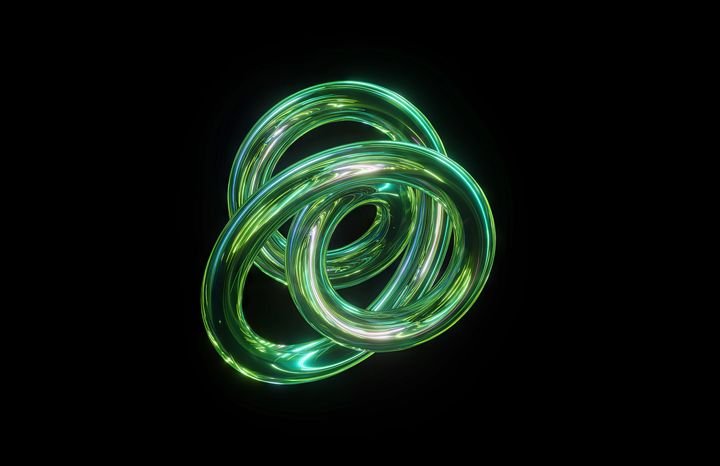 3d render. Green glass tangled shape, flexible tube, reflecting neon light in dark space. Fantastic geometric object isolated on black background