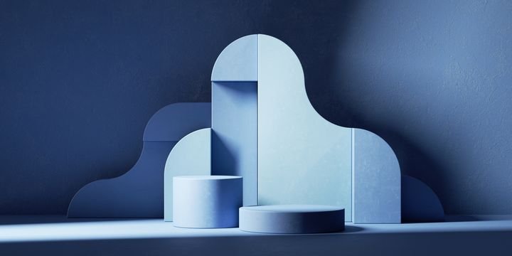 3d render. Abstract minimalist geometric background. Cylindrical pedestals and curvy shapes inside the blue room. Empty showcase for product presentation