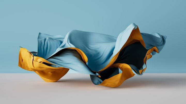 3d render, two-sided blue yellow drapery isolated on a blue background, folded cloth falling, abstract fashion wallpaper