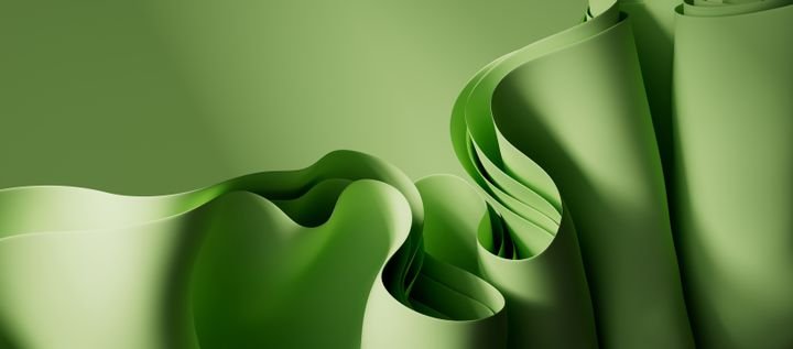 Abstract green wallpaper. Curvy folded paper background. 3d render