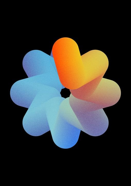 3d render. Abstract geometric asterisk shape colored with orange blue neon gradient. Simple star icon isolated on black background. Primitive symbol with grainy film noise effect