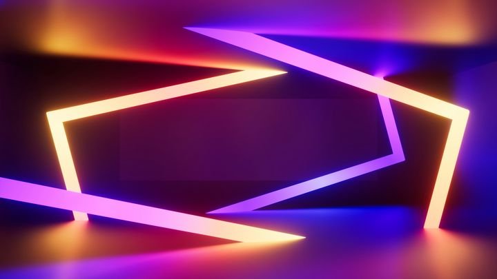 3d render of an empty room with glowing neon stripes. Vibrant colors. Abstract geometric background. Futuristic wallpaper