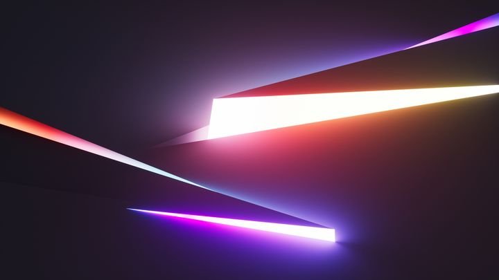 3d render. Abstract geometric wallpaper. Glowing neon zigzag shapes on a black background. Sharp triangles and angles illuminated with colorful bright neon lights