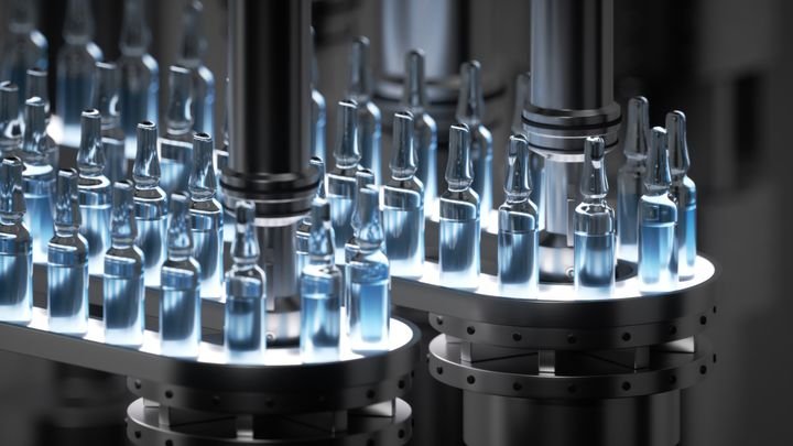 3D render illustration depicting the drug manufacturing process. Pharmaceutical production showing a glass ampoule containing coronavirus vaccine moving along an automatic conveyor line.