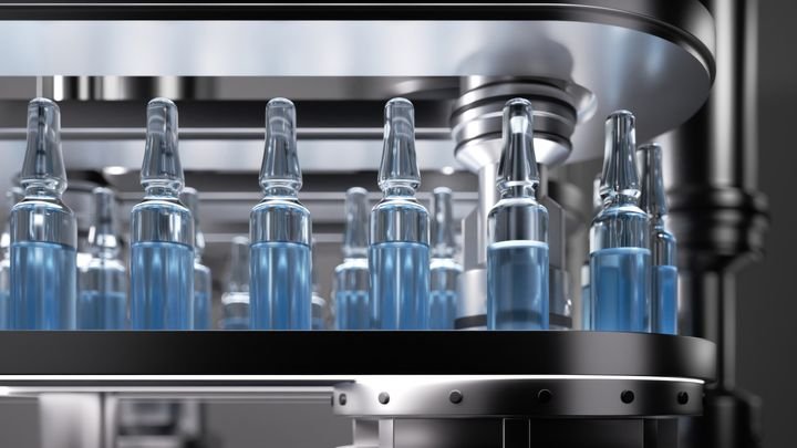 3d render illustration. Drug manufacturing process. Pharmaceutical production with glass ampoule with corona virus vaccine moving on an automatic conveyor line.