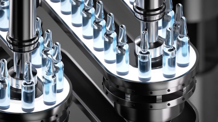 3D render illustration depicting the drug manufacturing process. Pharmaceutical production showing a glass ampoule containing coronavirus vaccine moving along an automatic conveyor line.
