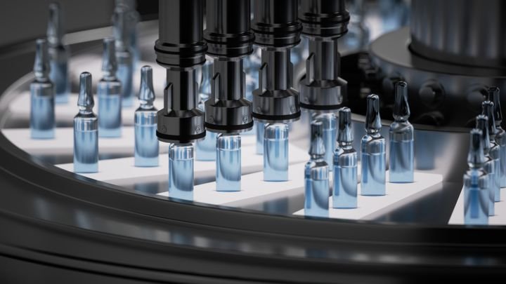 Pharmaceutical production: glass ampoules with blue liquid, moving on an automatic conveyor line. Vaccine against the corona virus. Realistic 3d render illustration. Drug manufacturing process