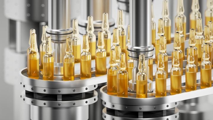 realistic 3d render. Glass vials containing clear liquid travel along a conveyor belt in a sterile pharmaceutical environment, ensuring the safe and precise production of vaccines and medications