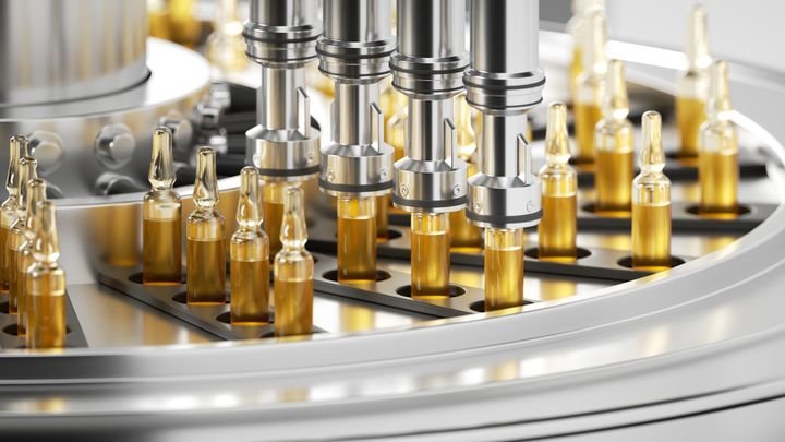 Pharmaceutical production featuring a glass ampoule containing vaccine moving along an automatic conveyor line. 3d render illustration.