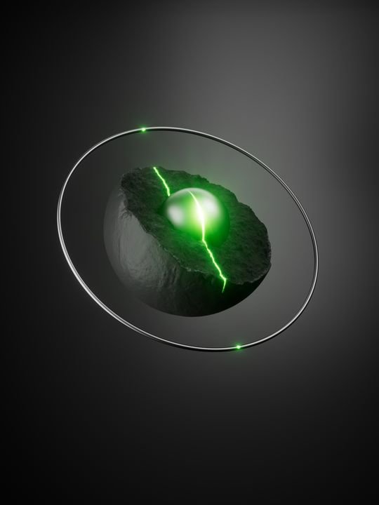 Abstract 3d background. Geometric objects floating in darkness. Metallic ball core inside the broken black concrete hemisphere, surrounded with metallic ring, green neon light accents
