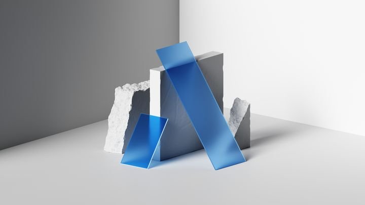 3d rendering. Abstract geometric background. Innovative fusion of rough white concrete and stone blocks and delicate blue glass plate in a minimalist trend-forward scene