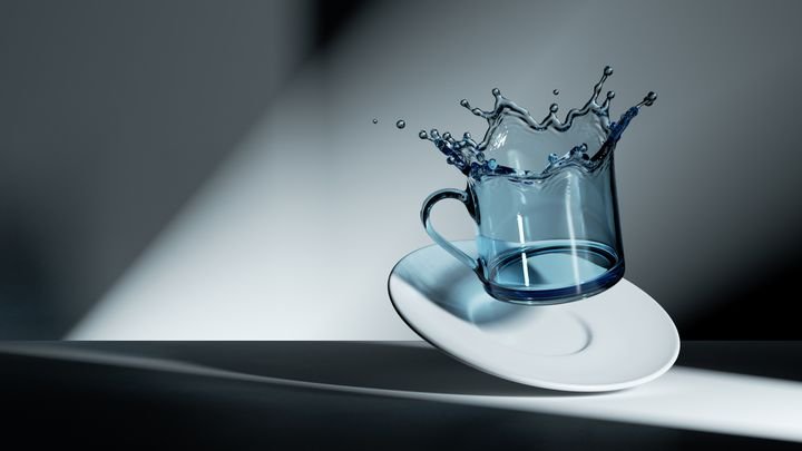 3d render, blue glass cup with a splash-shaped edge falls toward a white porcelain saucer in an empty studio with dramatic lighting. The scene captures the motion and highlights the fragility