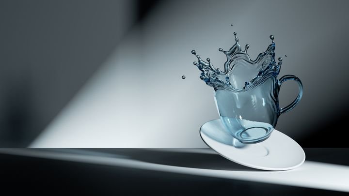 realistic 3d rendering, capturing a glass cup with a splash-shaped edge falling down on a white porcelain saucer in an empty studio with dramatic lighting. Dynamic motion, elegance and fragility