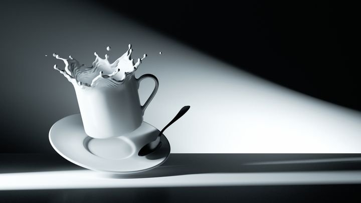 3d render, frozen scene of white saucer, spoon and porcelain cup with a splash-shaped edge falling down, inside the empty studio room with contrast light