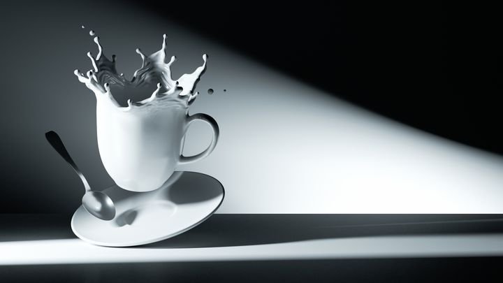realistic 3d rendering, capturing a white porcelain cup with a splash-shaped edge falling down in an empty studio with dramatic lighting. Dynamic motion, elegance and fragility