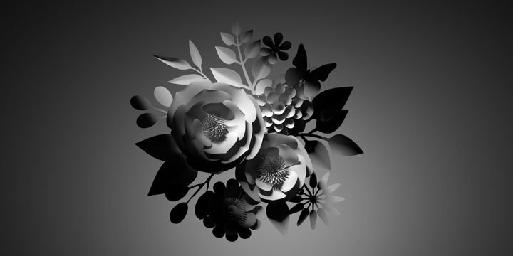 3D illustration of a bouquet of paper flowers in contrasting light, central isolated composition