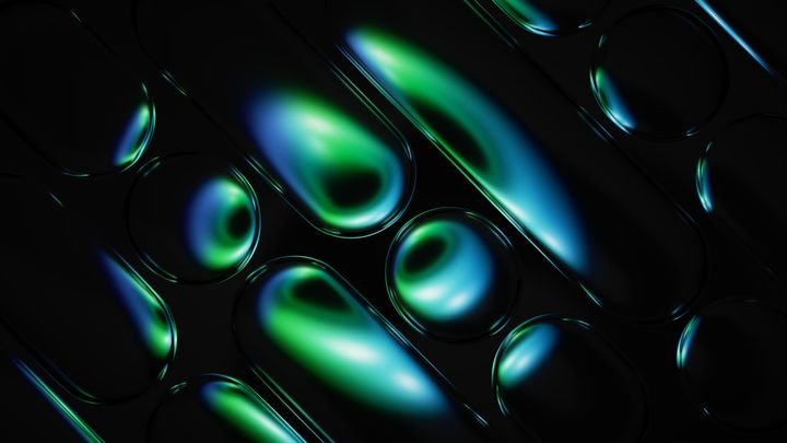Shiny teal and blue bubbles, arranged in a grid pattern with reflective neon light. 3D render illustration.