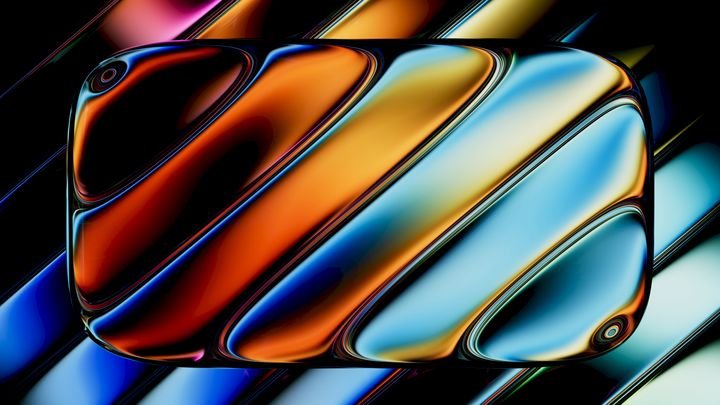 Vibrant glass panel with gradient reflections in orange and teal tones. 3d render illustration.