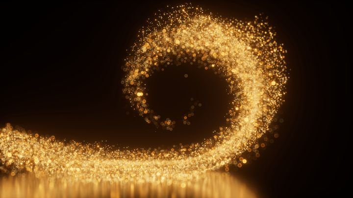 3D render illustration of golden glitter particles forming a spiral shape. Golden sand is blown by the wind, sparkling with a bokeh effect.