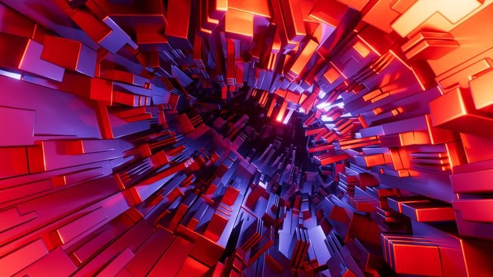 3D render. Abstract detailed geometric background. Metal blocks illuminated with violet and red neon light