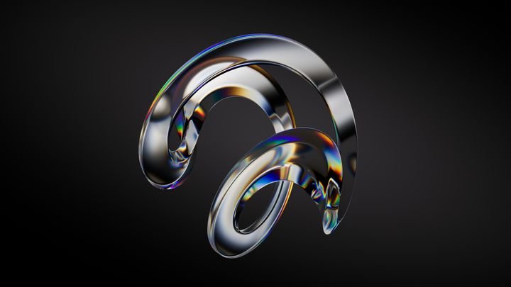 3D rendering of an abstract curved glass shape, displaying a dispersion of colors along its edge, isolated against a black background. Minimalist aesthetic design