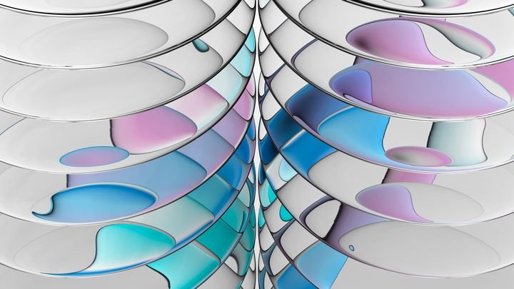 Crystal lenses refracting colored iridescent gradients. 3d illustration of oval glass pieces. A kaleidoscope of colored water droplets.