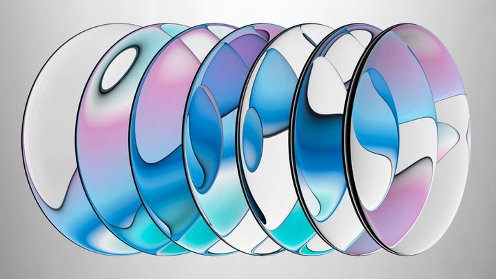 3d rendering. Abstract minimalist aesthetic wallpaper. A row of flat oval transparent pieces isolated on white background. Glass lenses refracting violet blue gradient