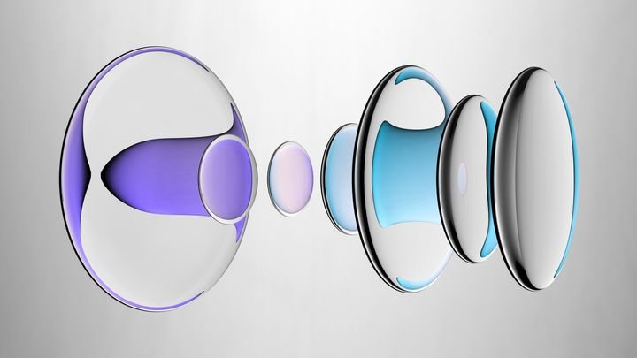 3d rendering. Abstract minimalist aesthetic wallpaper. A row of flat oval transparent pieces isolated on white background. Glass lenses refracting violet blue gradient