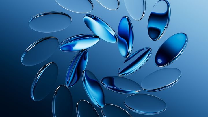 3d rendering. Abstract blue aesthetic background. Round glass lenses with reflective surface floating on air arranged in shape of a ring