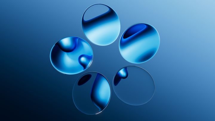 3d rendered round glass shapes with a reflective surface, arranged in shape of a flower, floating on air. Futuristic abstract background featuring blue lenses. Minimalist aesthetic concept