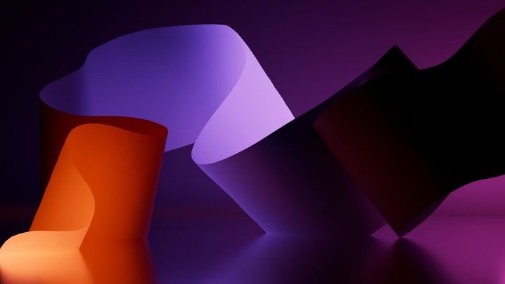 Rolled neon paper cylinders overlap in scattered, dynamic arrangement against deep purple background. 3D render illustration.