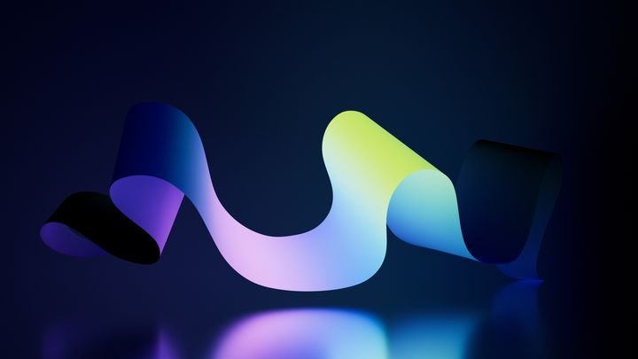 Gradient neon ribbon, blue to yellow, flowing across a glossy surface against deep purple. 3D render illustration.