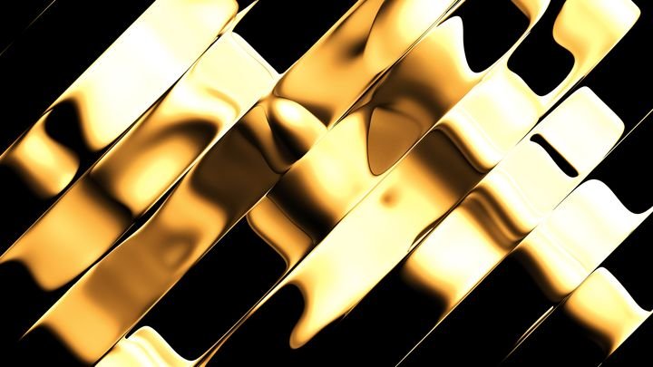 3D rendering, abstract minimalist contrast gold background. Diagonal composition of waving metallic ribbons with a ripple effect. Silver foil divided into stripes. Modern fashion wallpaper