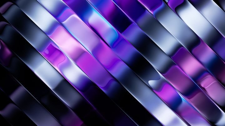 3D rendering, abstract ultraviolet background. Diagonal composition of rippled metallic ribbons. Iridescent foil divided into wavy stripes. Trendy fashion wallpaper