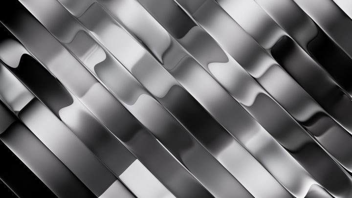 3d rendering, abstract minimalist diagonal composition of rippled metallic stripes isolated on black background. Fluid foil ribbons
